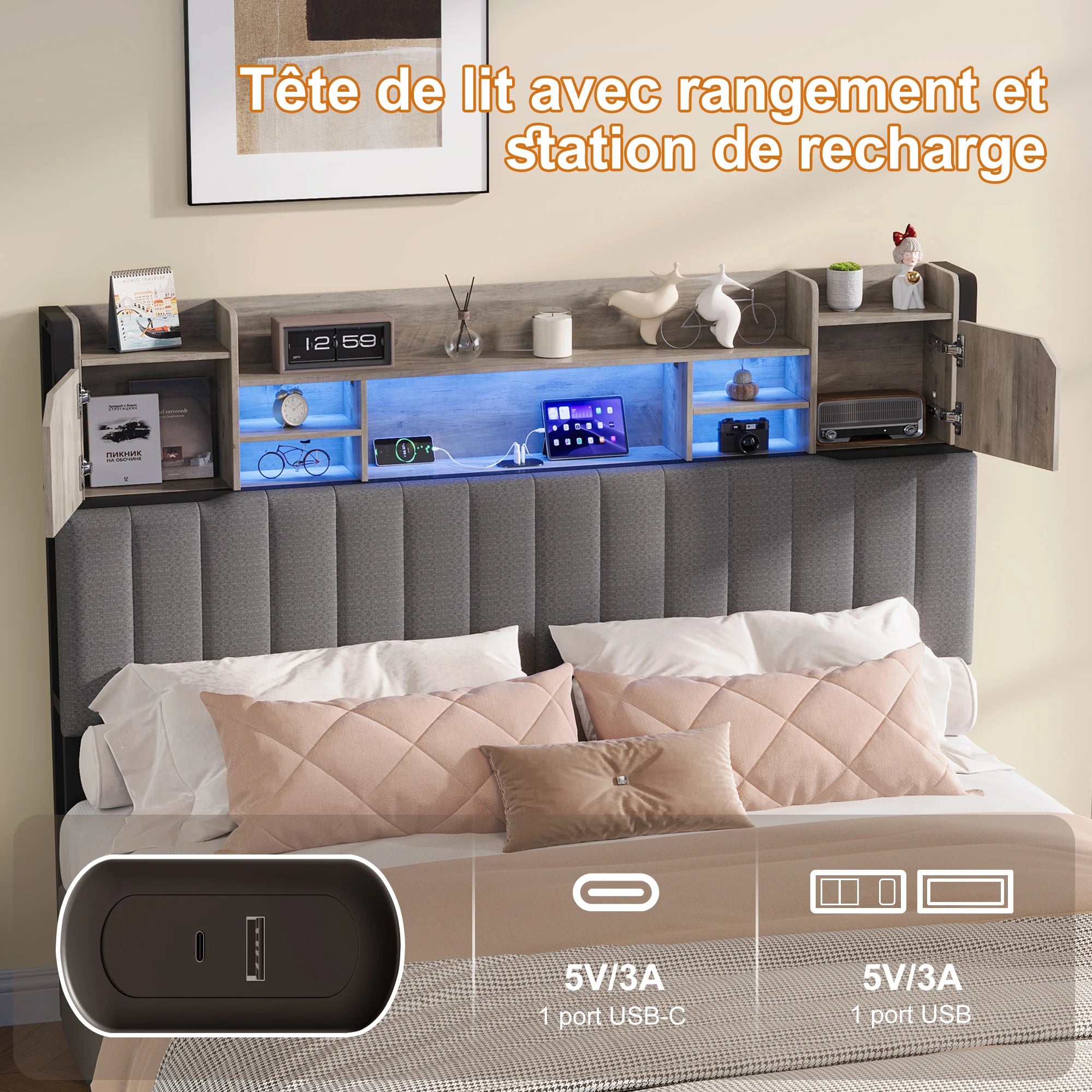Upholstered Double Bed 140x200cm – Storage Headboard, 4 Drawers, Linen