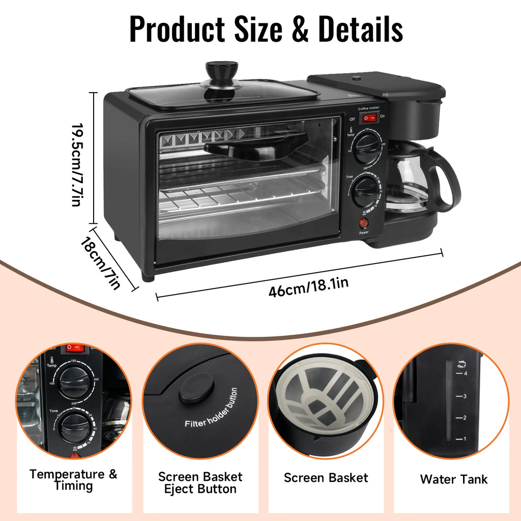 3-in-1 Breakfast Maker – 9L Oven Coffee Pot Grill Pan 220V