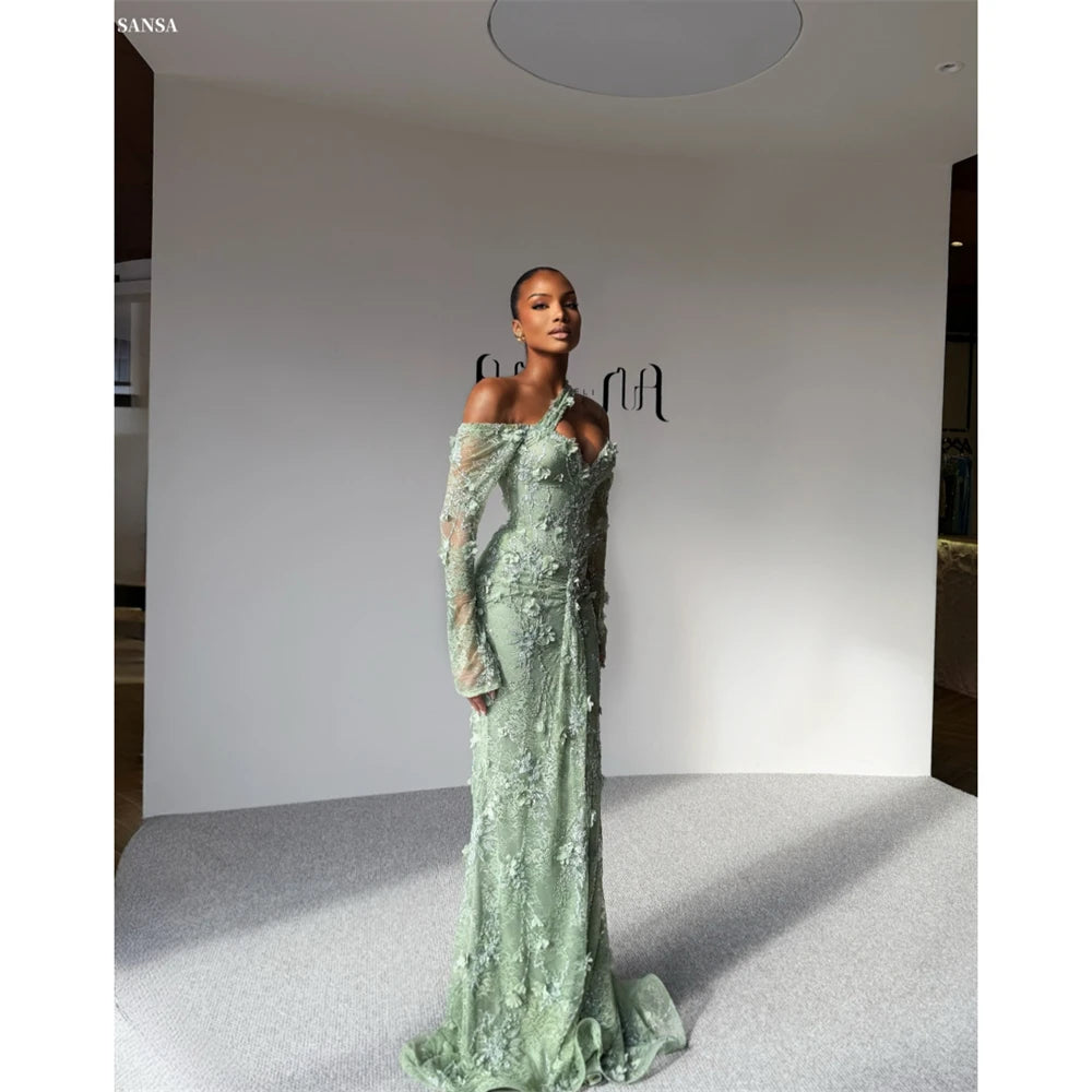 Sansa Customized Sage Green Mermaid 3D Flower Pleats Prom Dress Long Sleeve Vestidos De Noche Floor-Length Formal Evening 2025