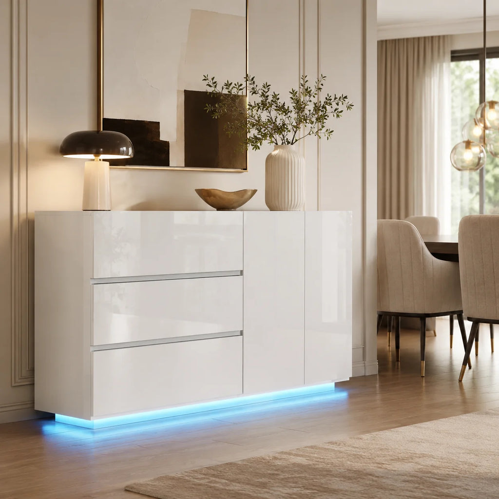 GLOSS MASTER - 160cm High-Gloss Sideboard Cabinet - 2 Doors, 3 Drawers, Push-to-Open