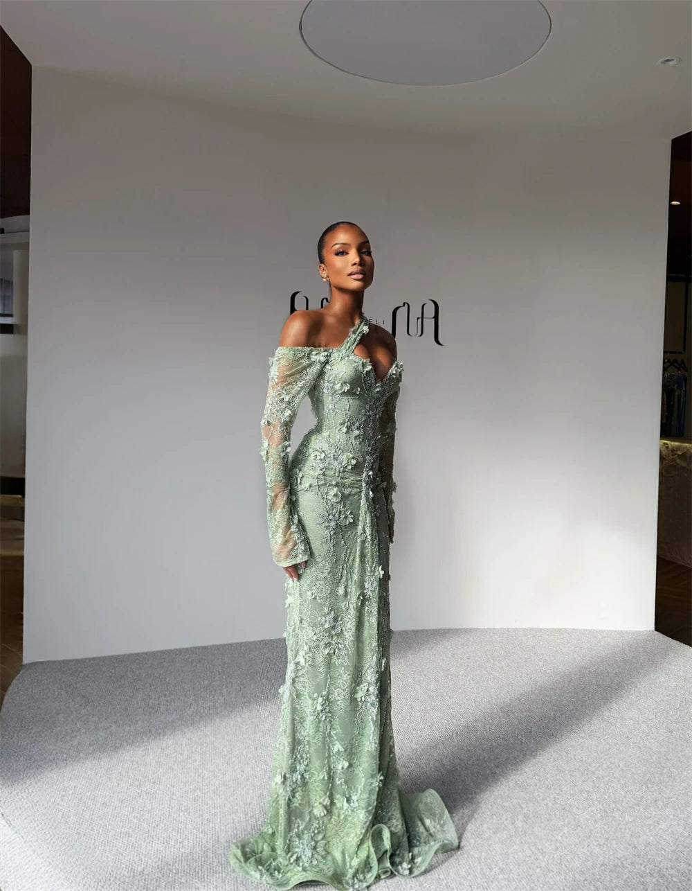 Sansa Customized Sage Green Mermaid 3D Flower Pleats Prom Dress Long Sleeve Vestidos De Noche Floor-Length Formal Evening 2025