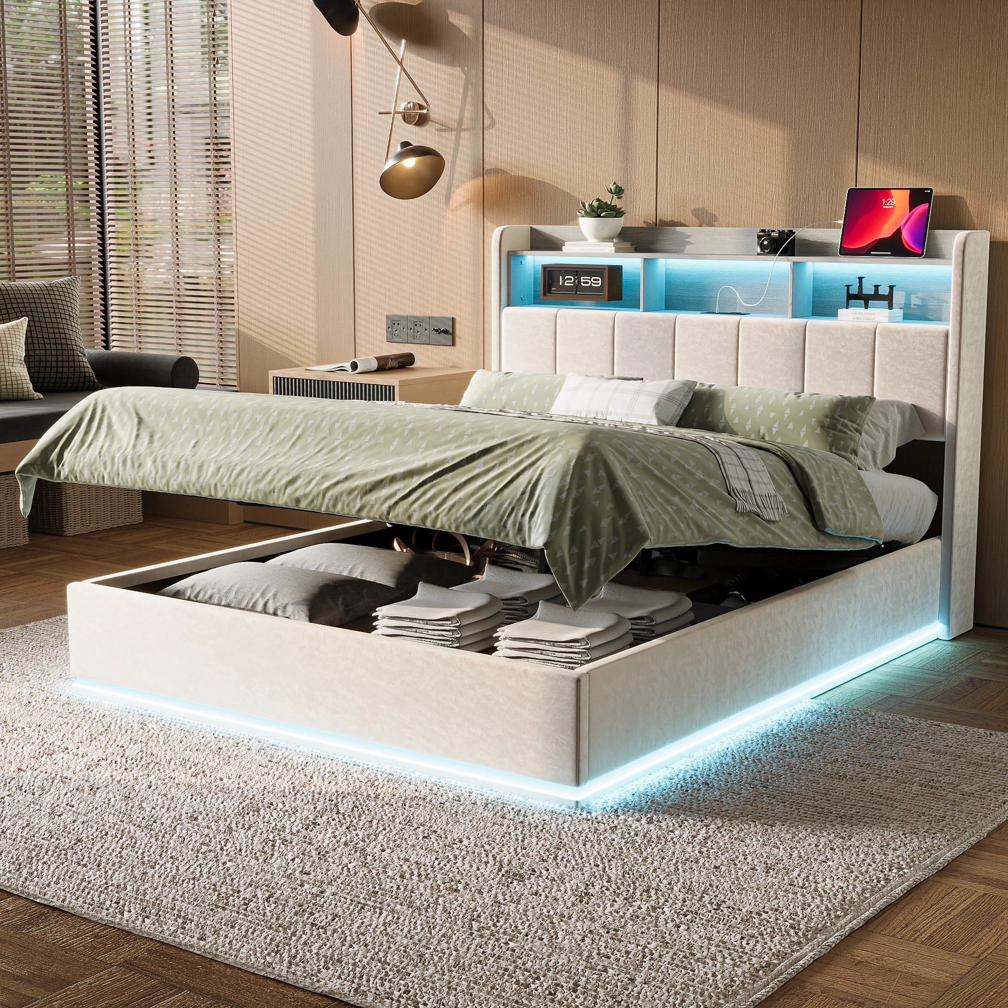 Upholstered Bed with LED & Hydraulic Storage – 140/160x200cm, White Velvet