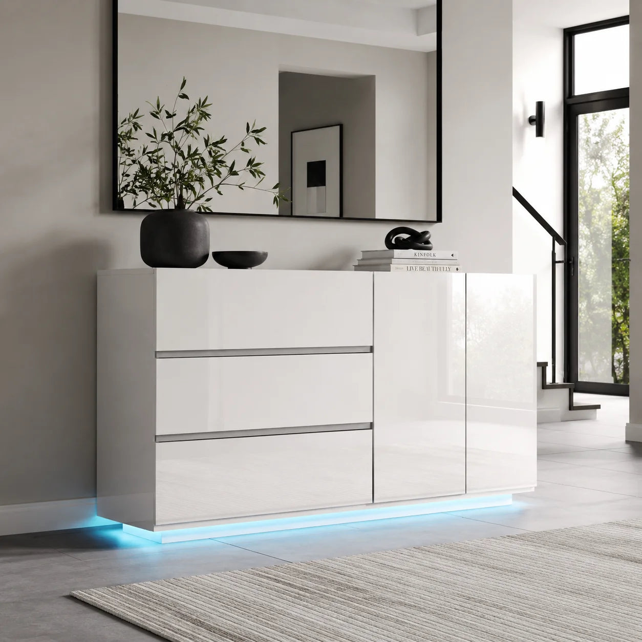 GLOSS MASTER - 160cm High-Gloss Sideboard Cabinet - 2 Doors, 3 Drawers, Push-to-Open