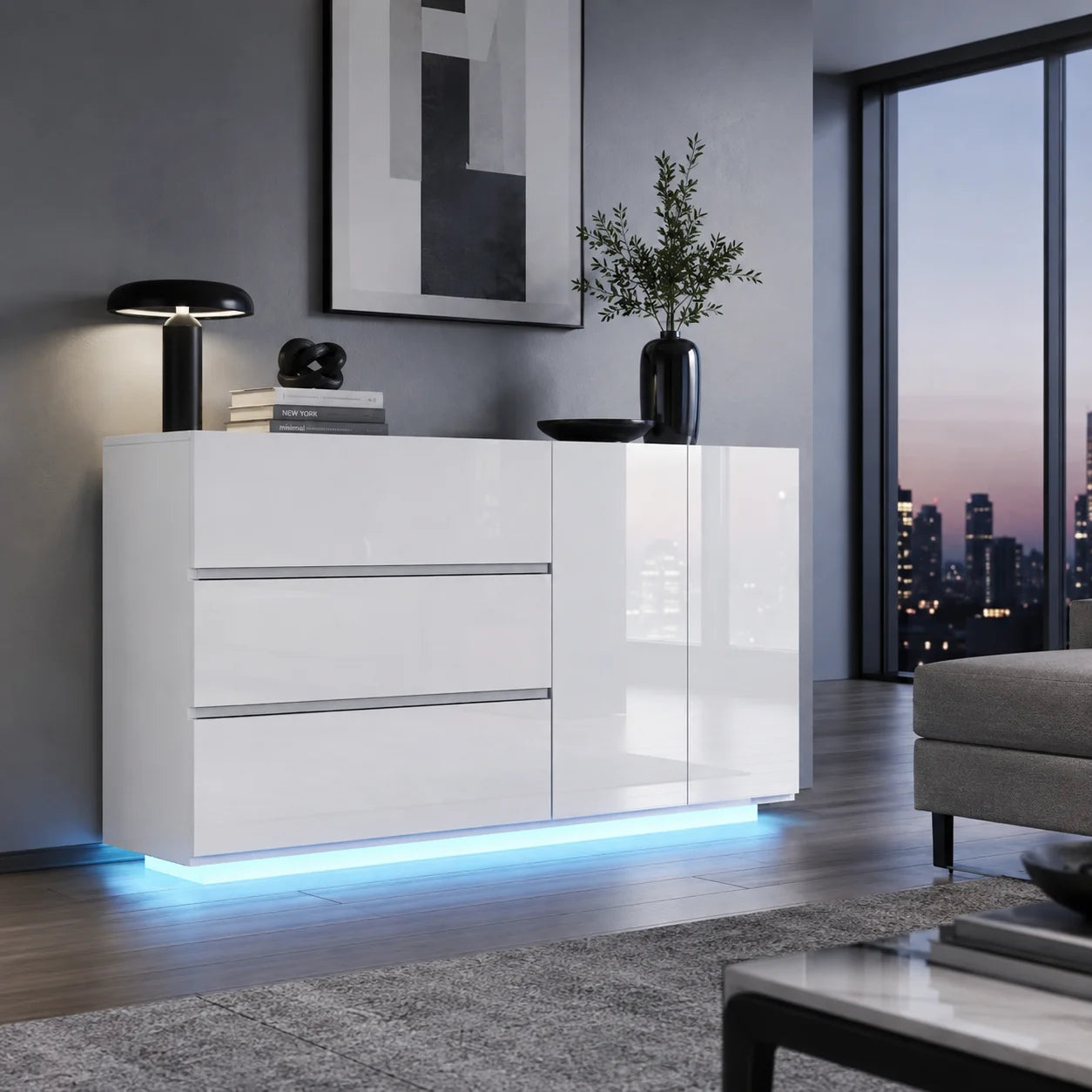 GLOSS MASTER - 160cm High-Gloss Sideboard Cabinet - 2 Doors, 3 Drawers, Push-to-Open