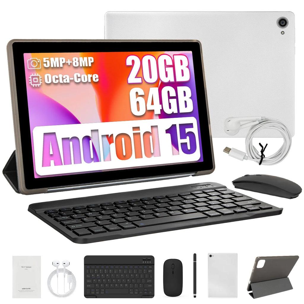 Android14 Tablet 10 Inch 12GB RAM 64GB ROM Expandable 1TB WIFI6 WidevineL1 GMS 5000mAh Stylus Keyboard Mouse Headphones Case Set