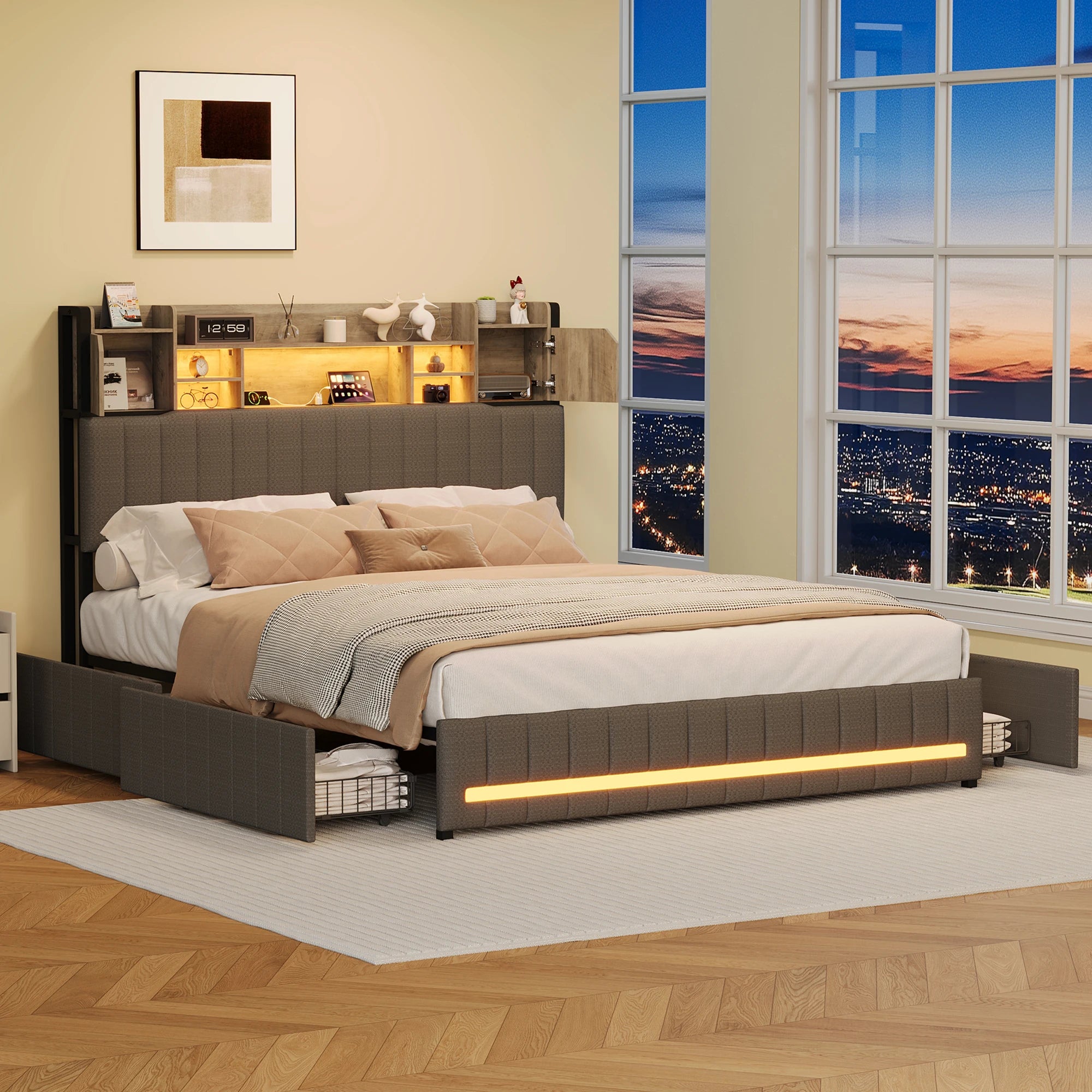 Platform Bed 140x200 – Storage Headboard & 4 Drawers