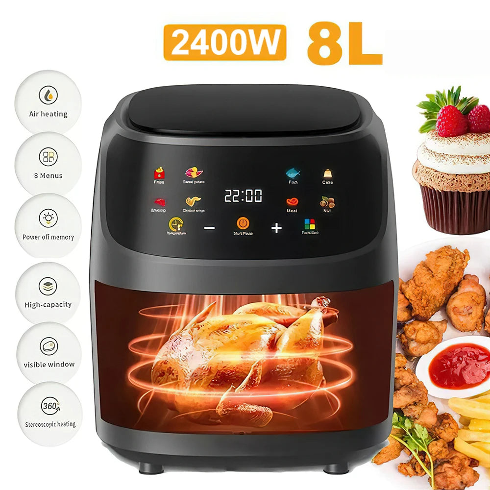 8L Air Fryer 2400W – Visible Window 8 Menus 360° Heating