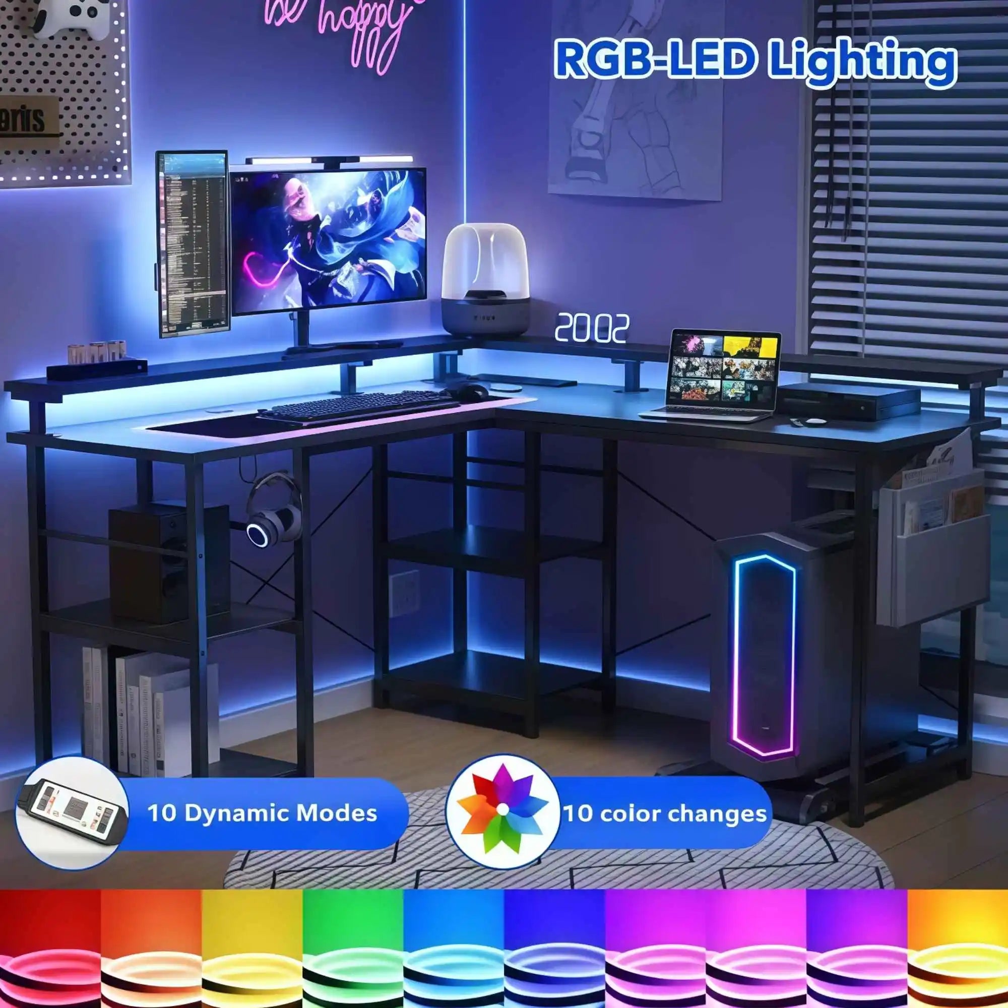 RGB COMMAND - L-Shaped Gaming Desk with LED & 3 Sockets - 60,000 Colors. Zero Excuses.