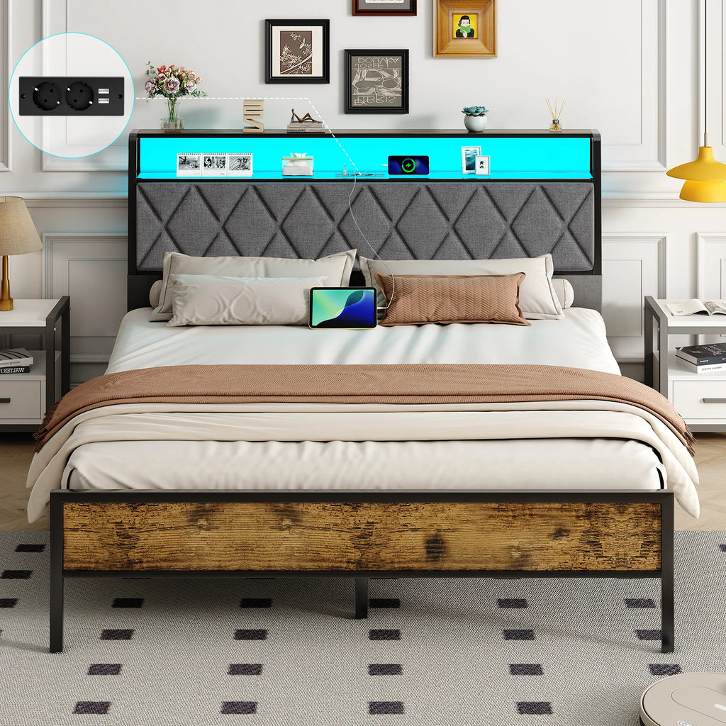 Metal Bed 140x190cm – LED Lamp & Charging Socket, Ships from France