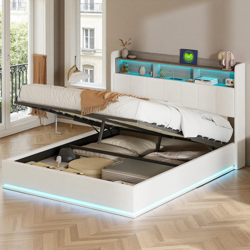 Upholstered Bed with LED & Hydraulic Storage – 140/160x200cm, White Velvet