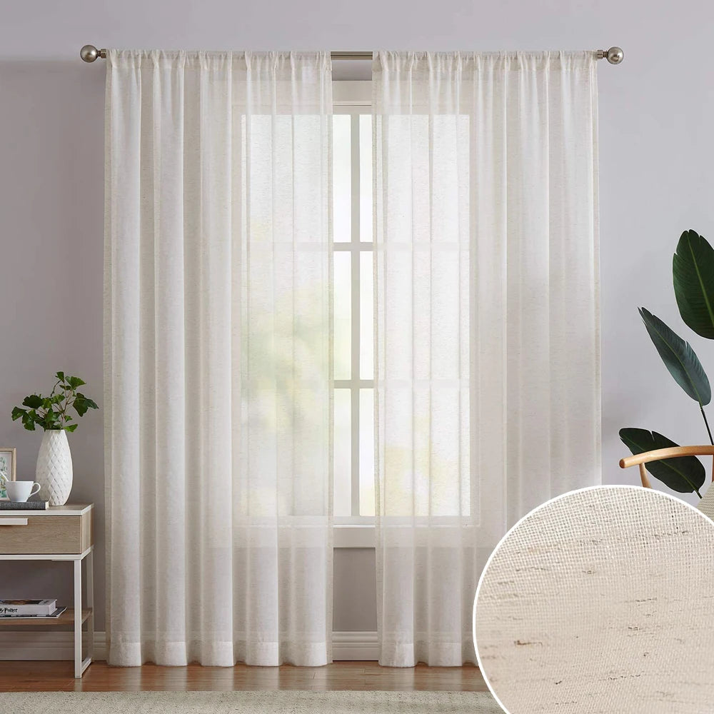 BEIGE LINEN SHEER CURTAINS - Natural Flax Weave, Custom Sizes - Soft Windows