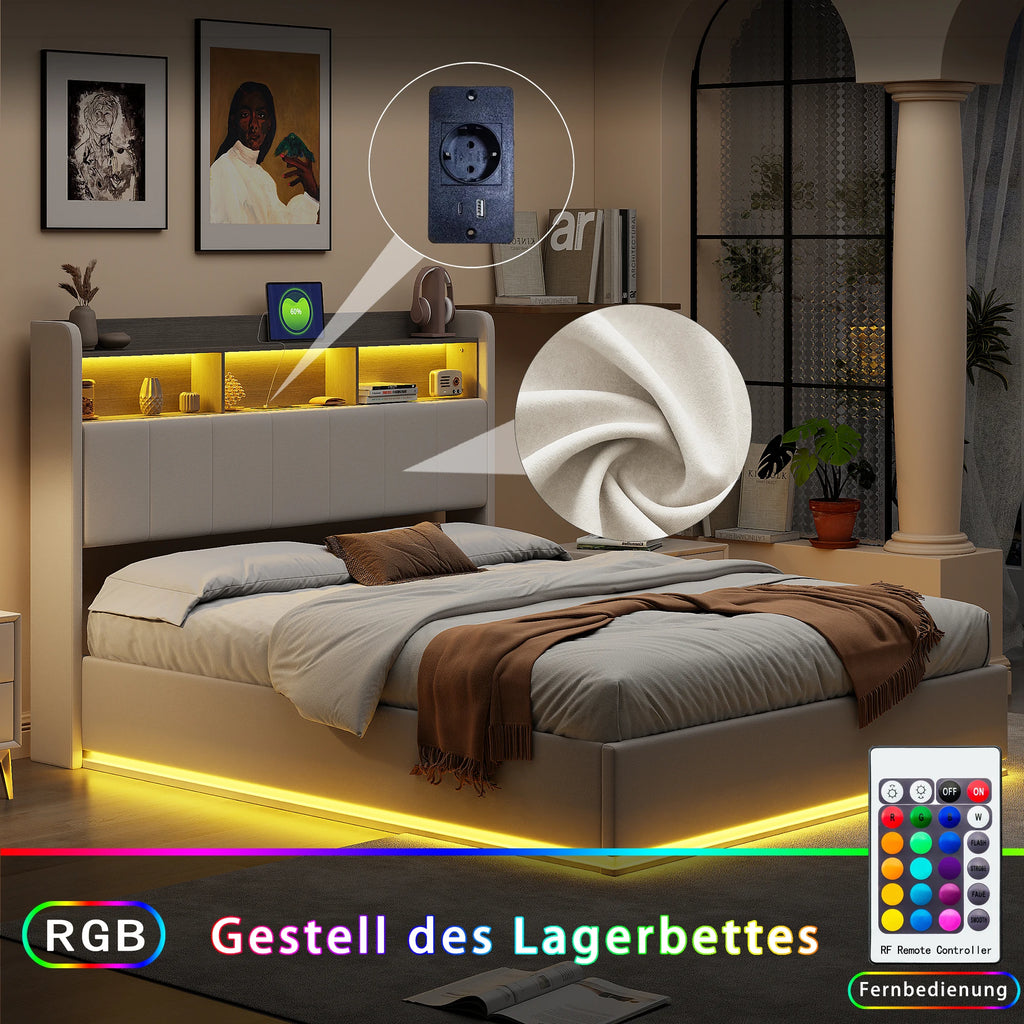 Upholstered Bed with LED & Hydraulic Storage – 140/160x200cm, White Velvet