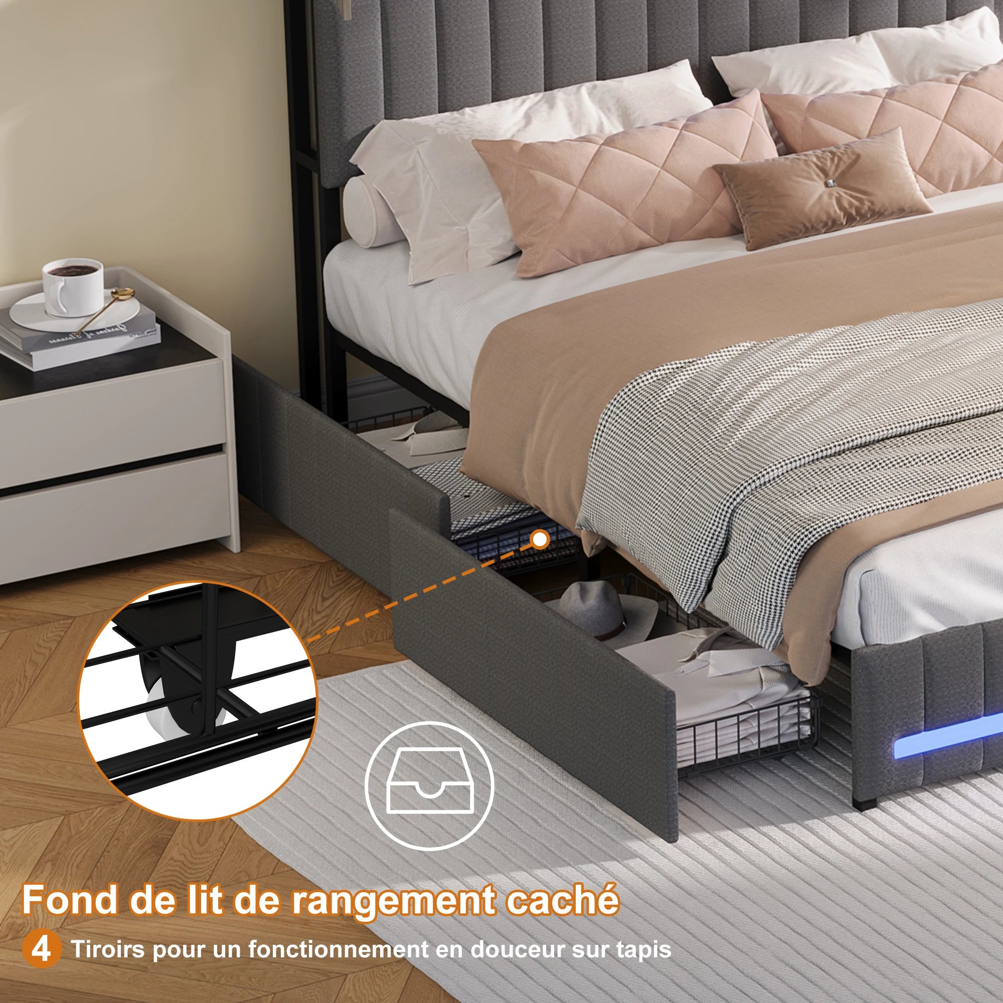 Platform Bed 140x200 – Storage Headboard & 4 Drawers