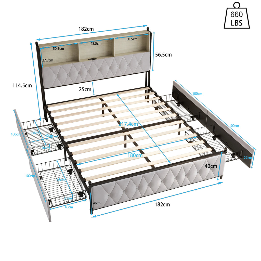 Double Bed 180x200 – 4 Drawers & Storage Headboard