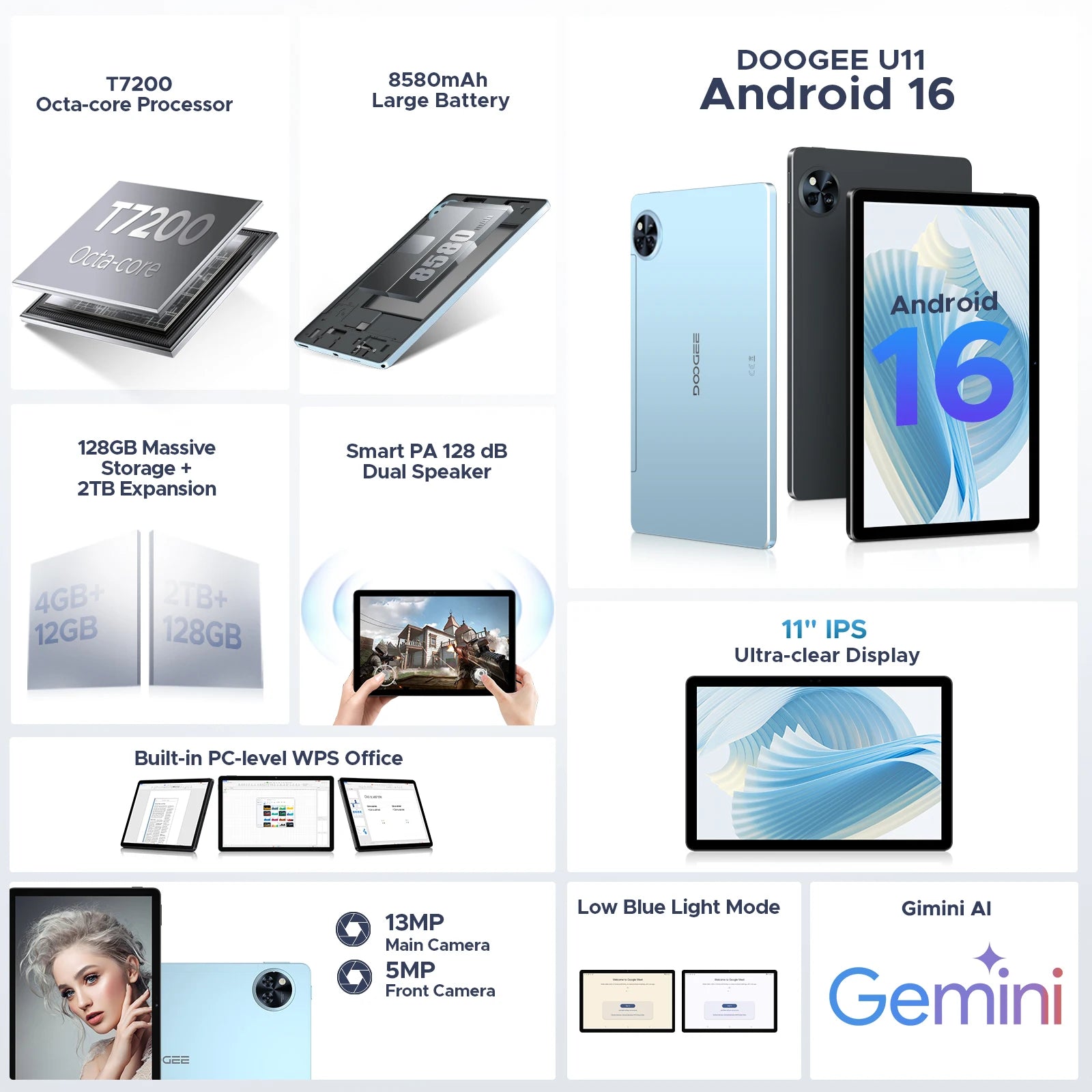 DOOGEE U11 11" Android 16 Tablet - 90Hz, 4GB+128GB, 8580mAh, Widevine L1