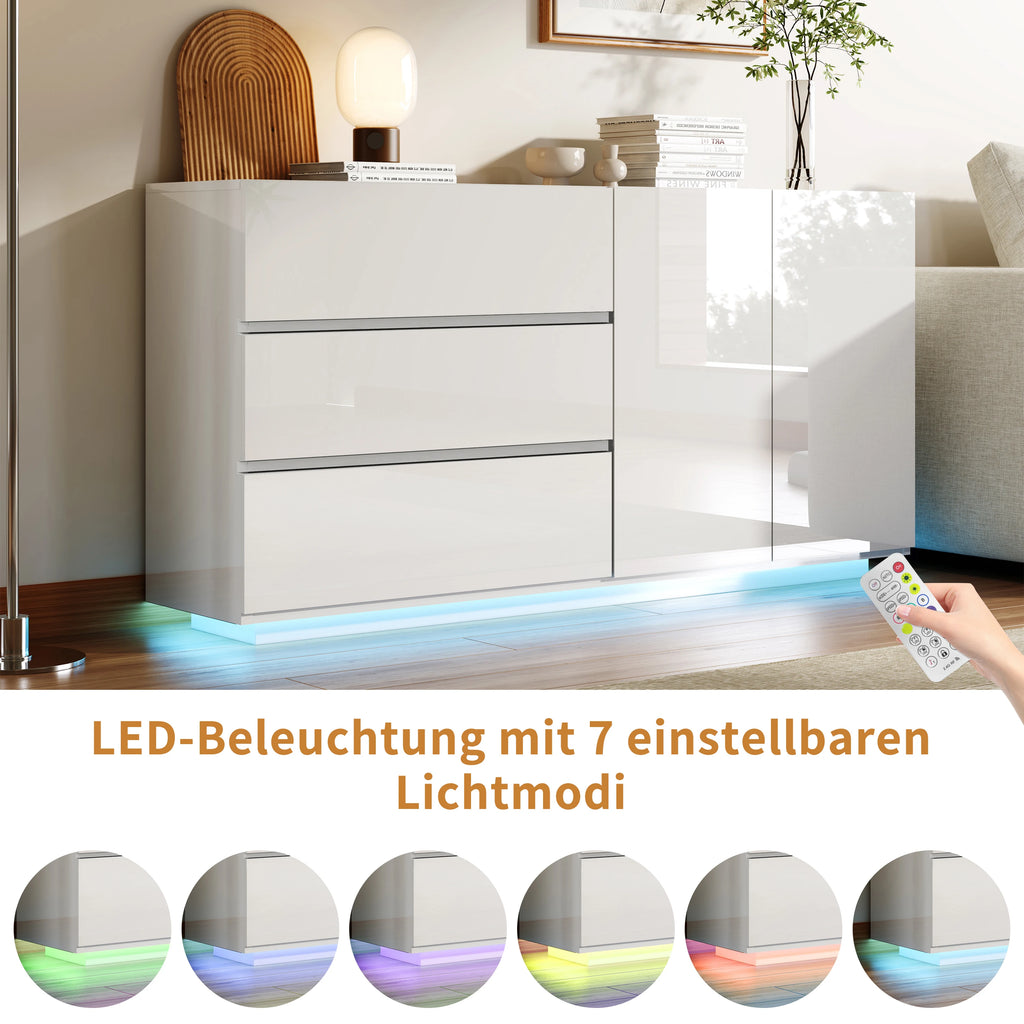 GLOSS MASTER - 160cm High-Gloss Sideboard Cabinet - 2 Doors, 3 Drawers, Push-to-Open