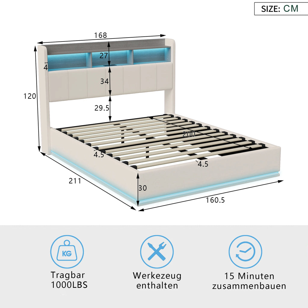 Upholstered Bed with LED & Hydraulic Storage – 140/160x200cm, White Velvet