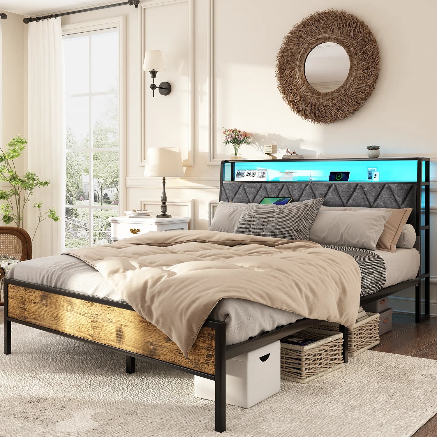 Metal Bed 140x190cm – LED Lamp & Charging Socket, Ships from France