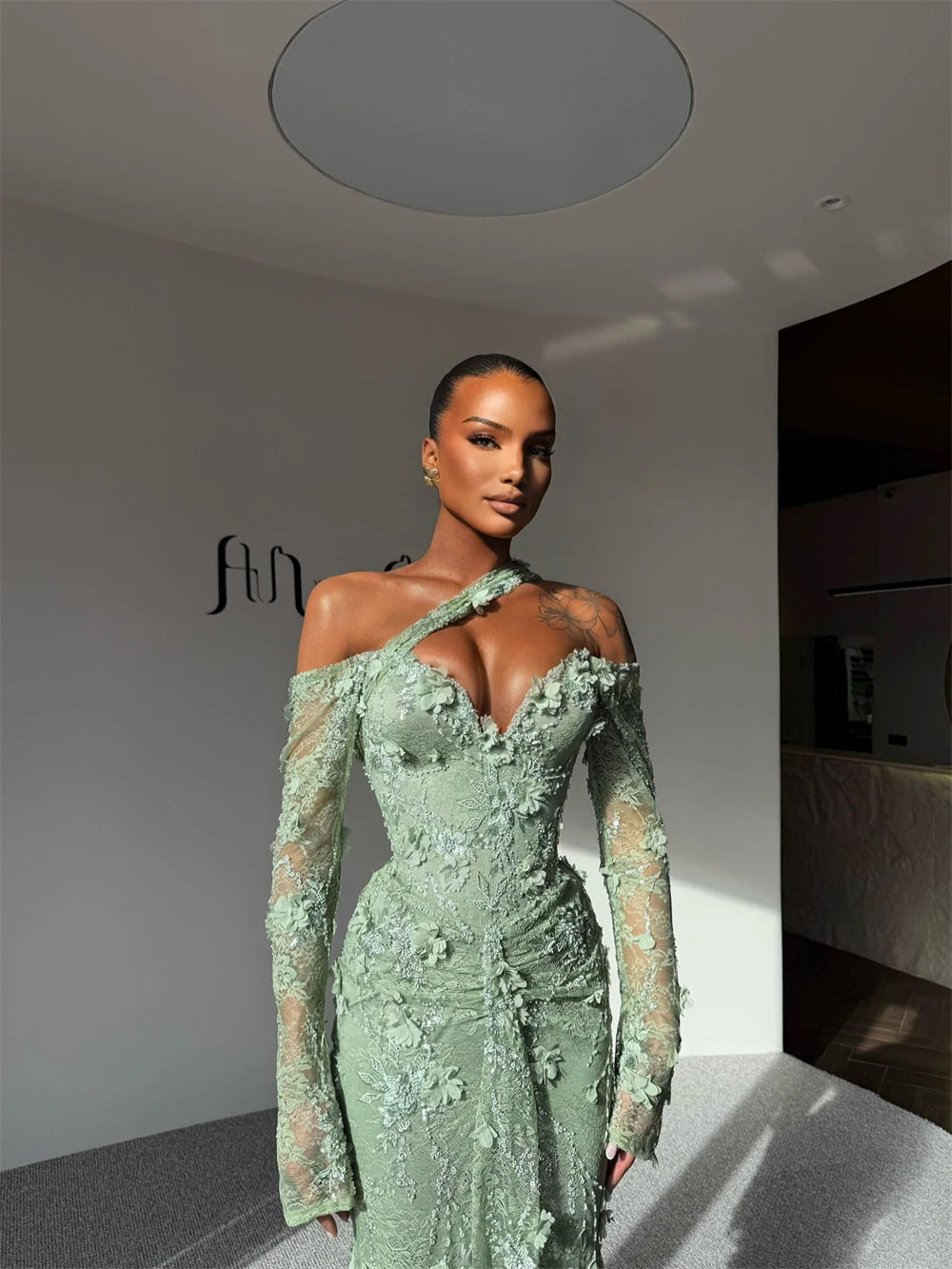 Sansa Customized Sage Green Mermaid 3D Flower Pleats Prom Dress Long Sleeve Vestidos De Noche Floor-Length Formal Evening 2025