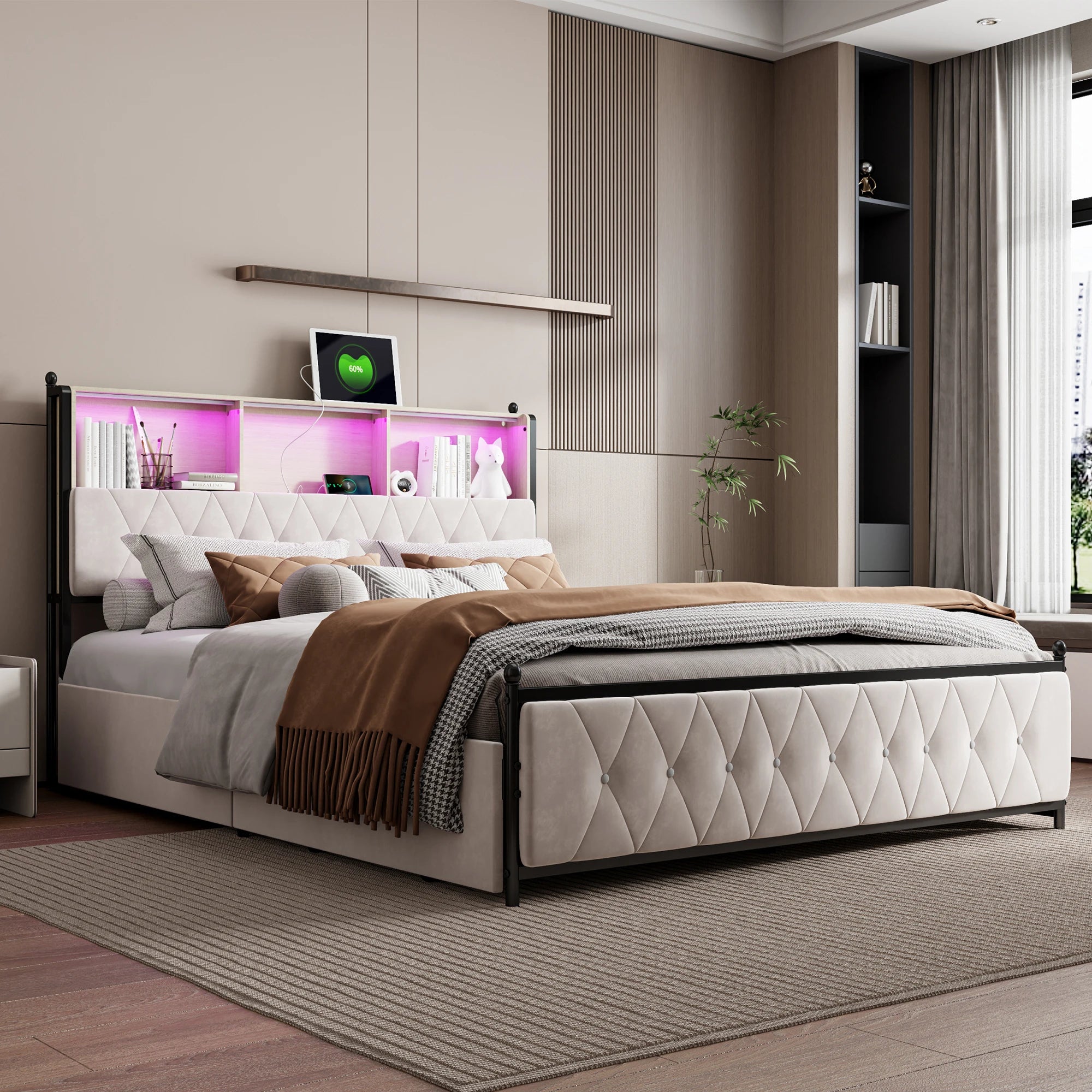 Double Bed 180x200 – 4 Drawers & Storage Headboard