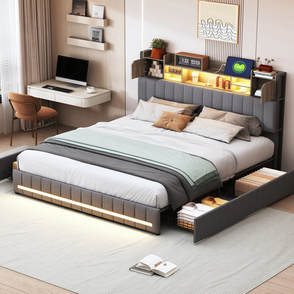 Platform Bed 140x200 – Storage Headboard & 4 Drawers