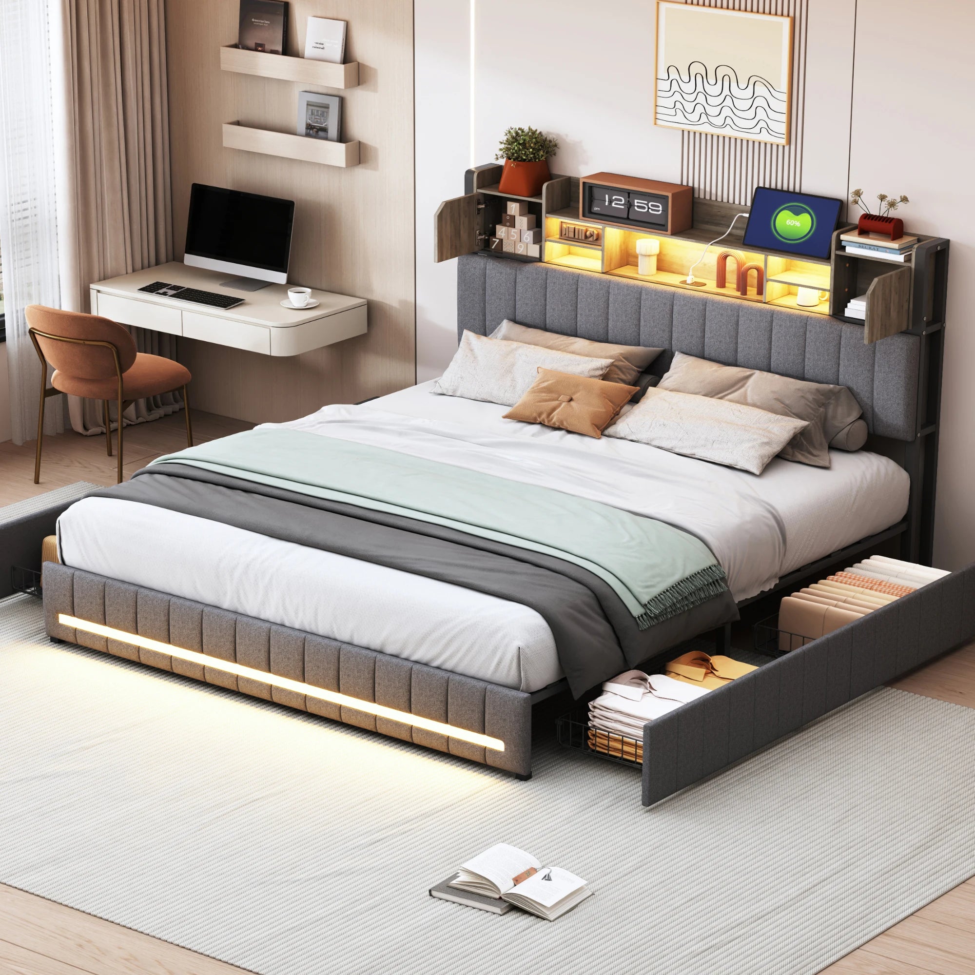Platform Bed 140x200 – Storage Headboard & 4 Drawers