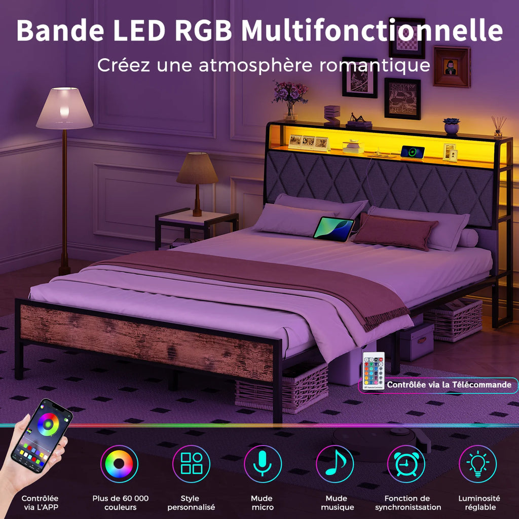 Metal Bed 140x190cm – LED Lamp & Charging Socket, Ships from France