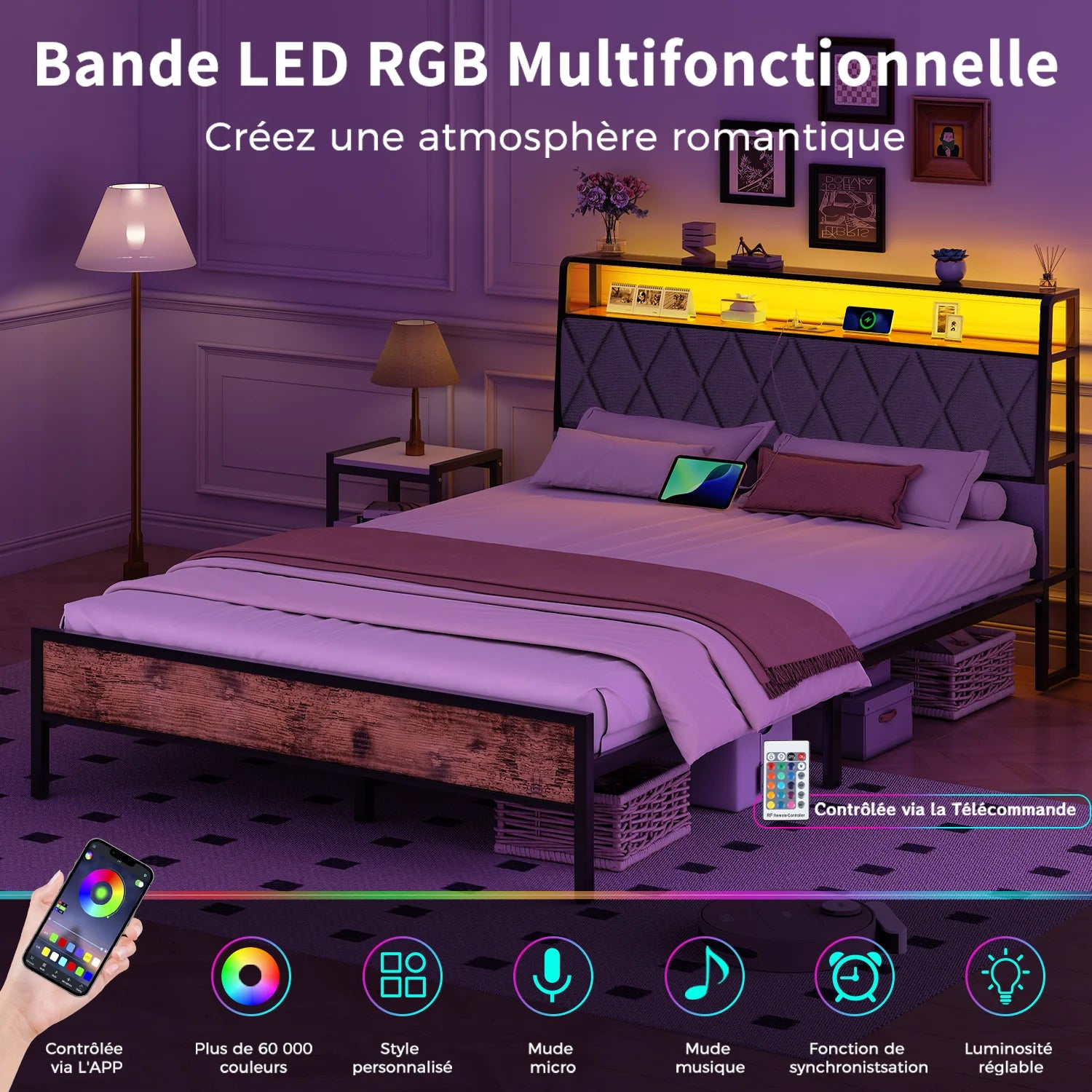 Metal Bed 140x190cm – LED Lamp & Charging Socket, Ships from France