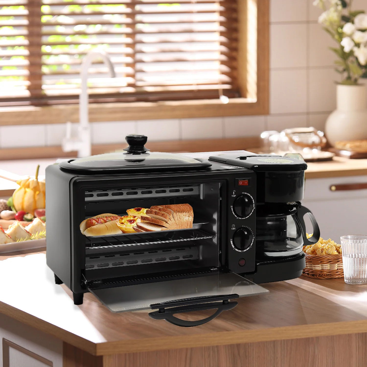3-in-1 Breakfast Machine – 9L Oven Coffee Maker Grill Pan
