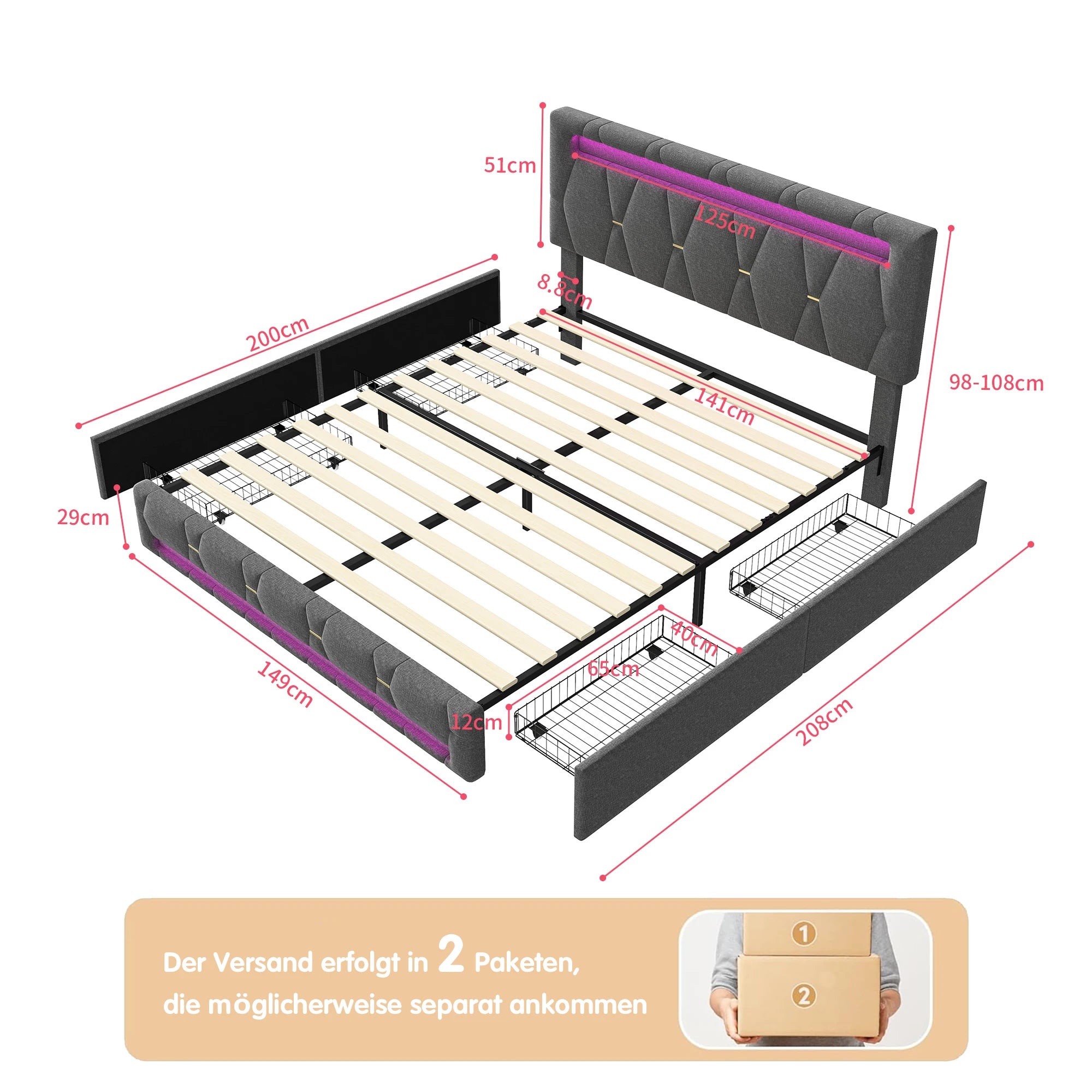 FEEOHOME BED - Upholstered Storage Bed with LED - Sleep Like You Mean It