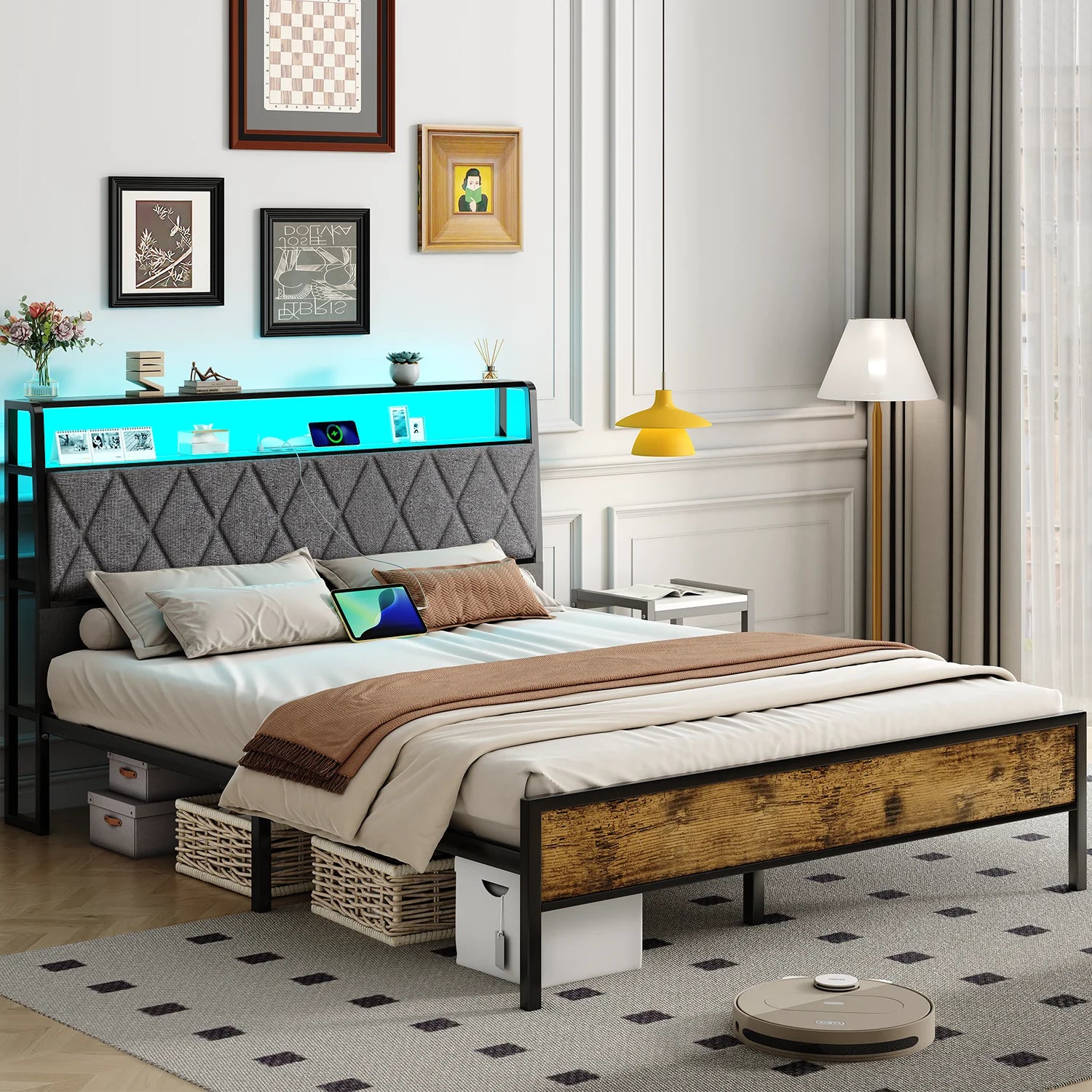 Metal Bed 140x190cm – LED Lamp & Charging Socket, Ships from France
