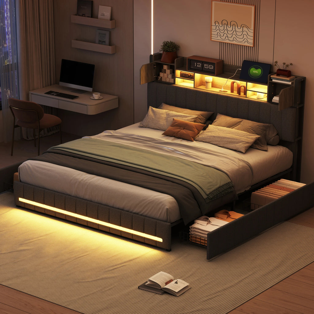 Platform Bed 140x200 – Storage Headboard & 4 Drawers
