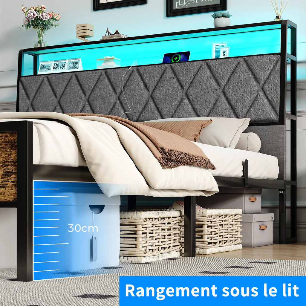 Metal Bed 140x190cm – LED Lamp & Charging Socket, Ships from France