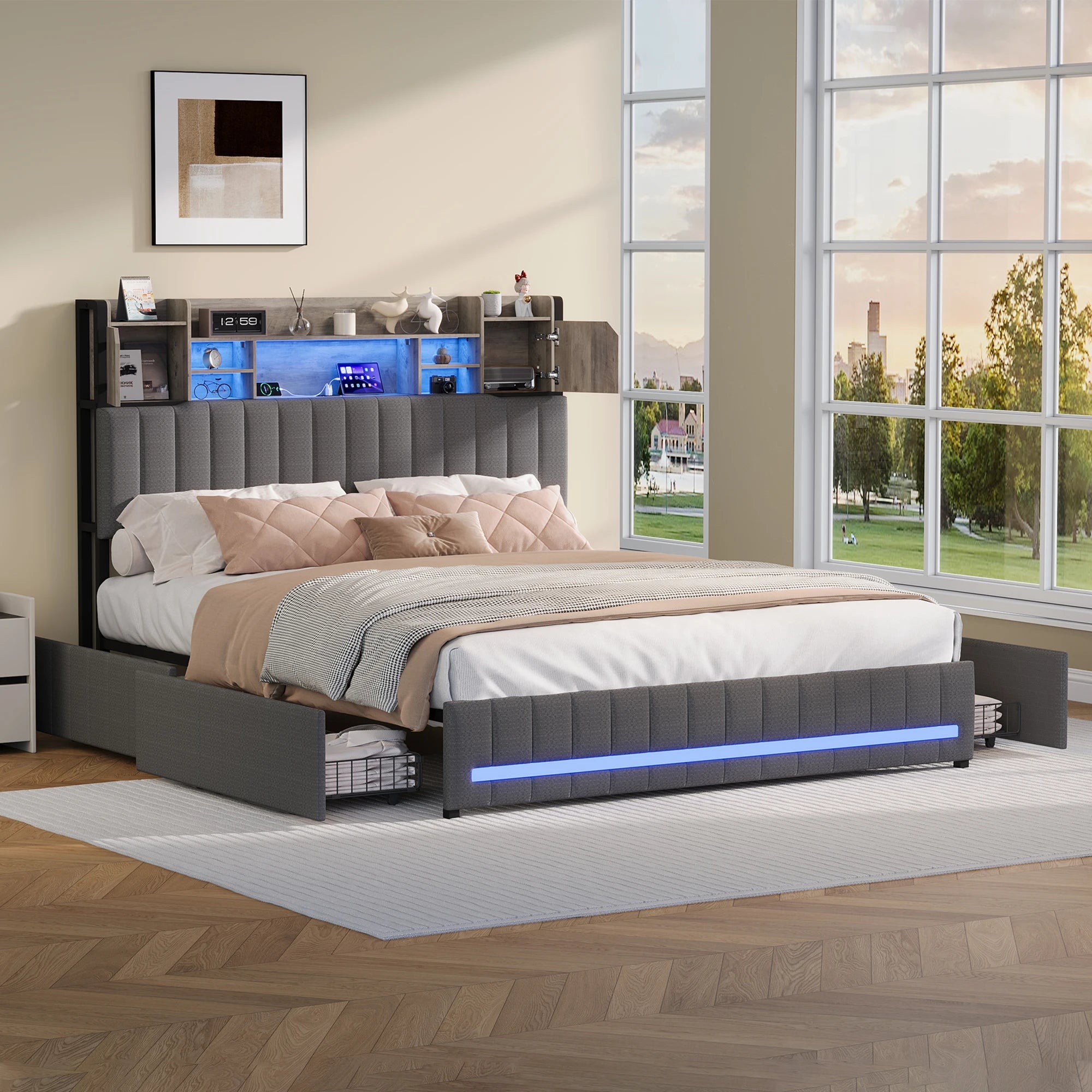 Upholstered Double Bed 140x200cm – Storage Headboard, 4 Drawers, Linen