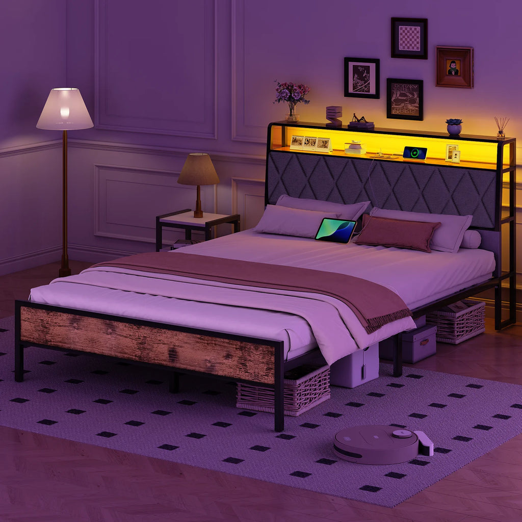 Metal Bed 140x190cm – LED Lamp & Charging Socket, Ships from France