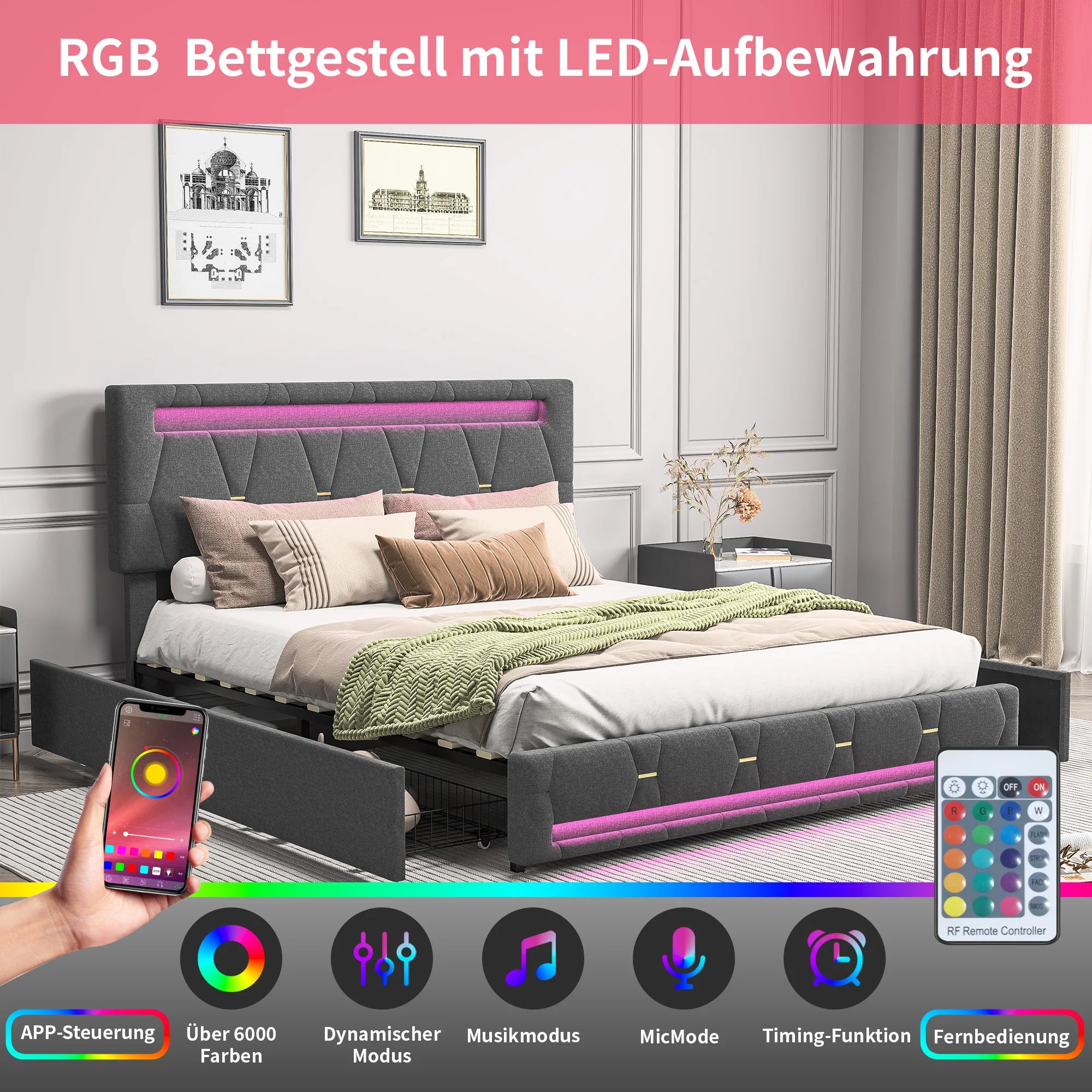 FEEOHOME BED - Upholstered Storage Bed with LED - Sleep Like You Mean It