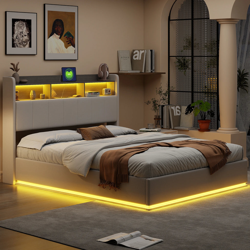 Upholstered Bed with LED & Hydraulic Storage – 140/160x200cm, White Velvet