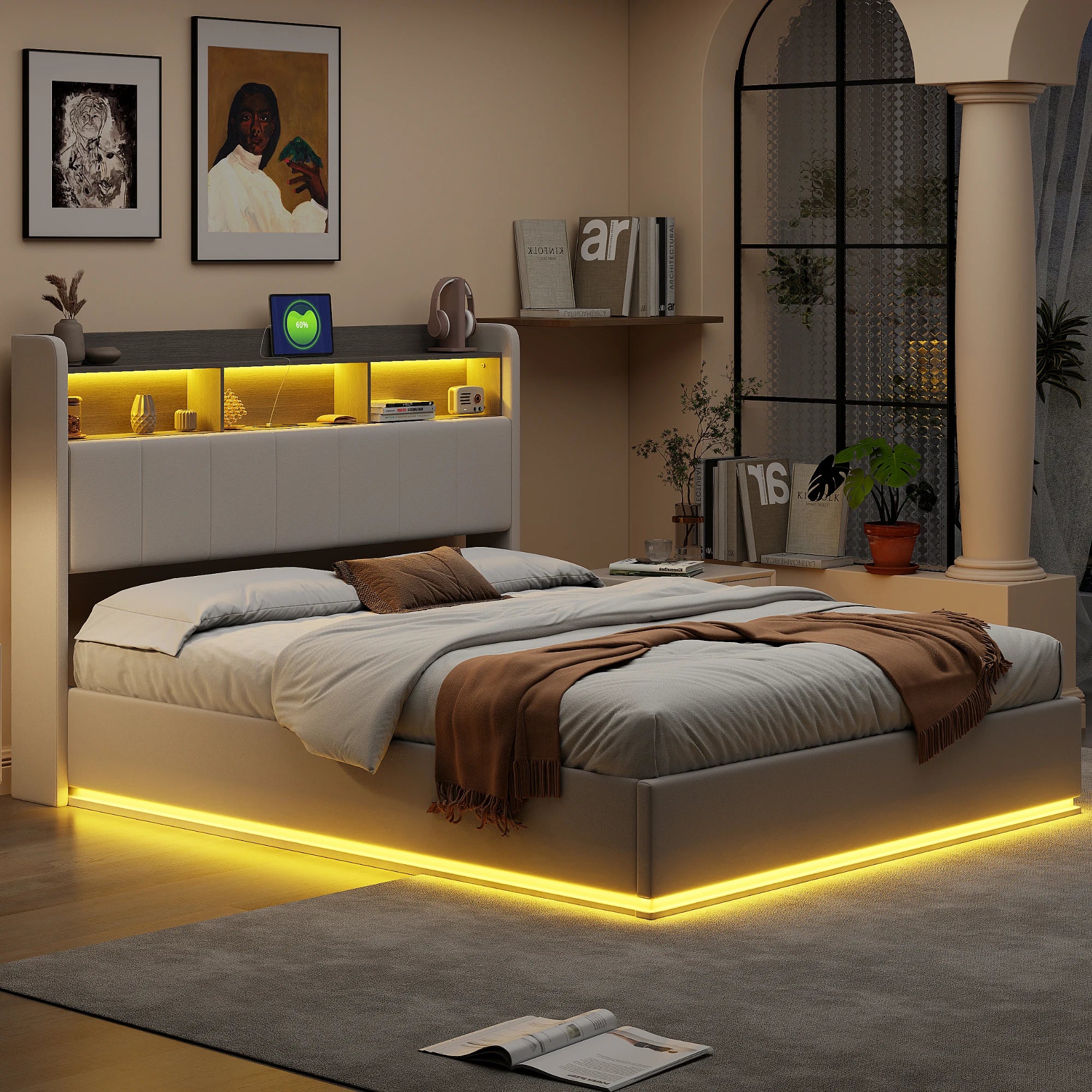 Upholstered Bed with LED & Hydraulic Storage – 140/160x200cm, White Velvet