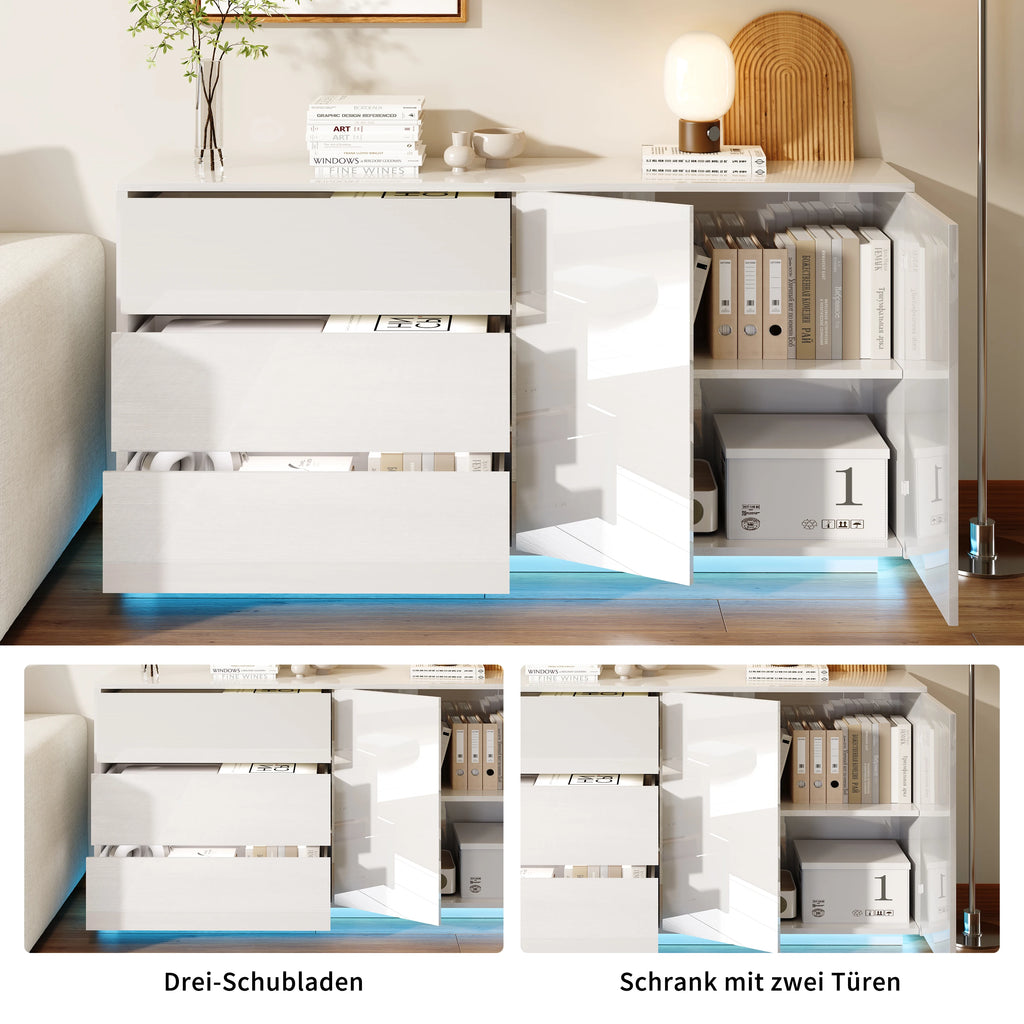 GLOSS MASTER - 160cm High-Gloss Sideboard Cabinet - 2 Doors, 3 Drawers, Push-to-Open