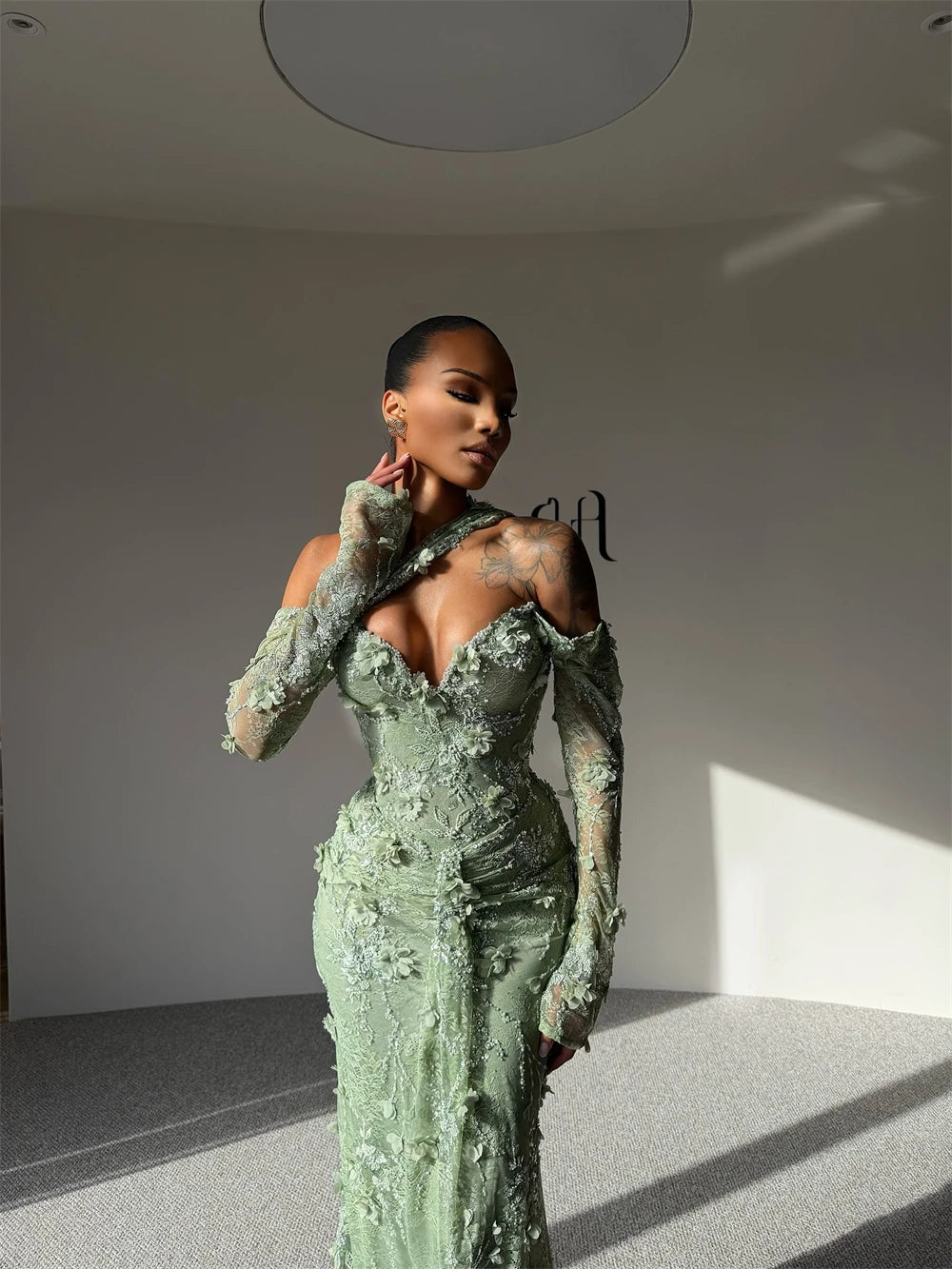 Sansa Customized Sage Green Mermaid 3D Flower Pleats Prom Dress Long Sleeve Vestidos De Noche Floor-Length Formal Evening 2025