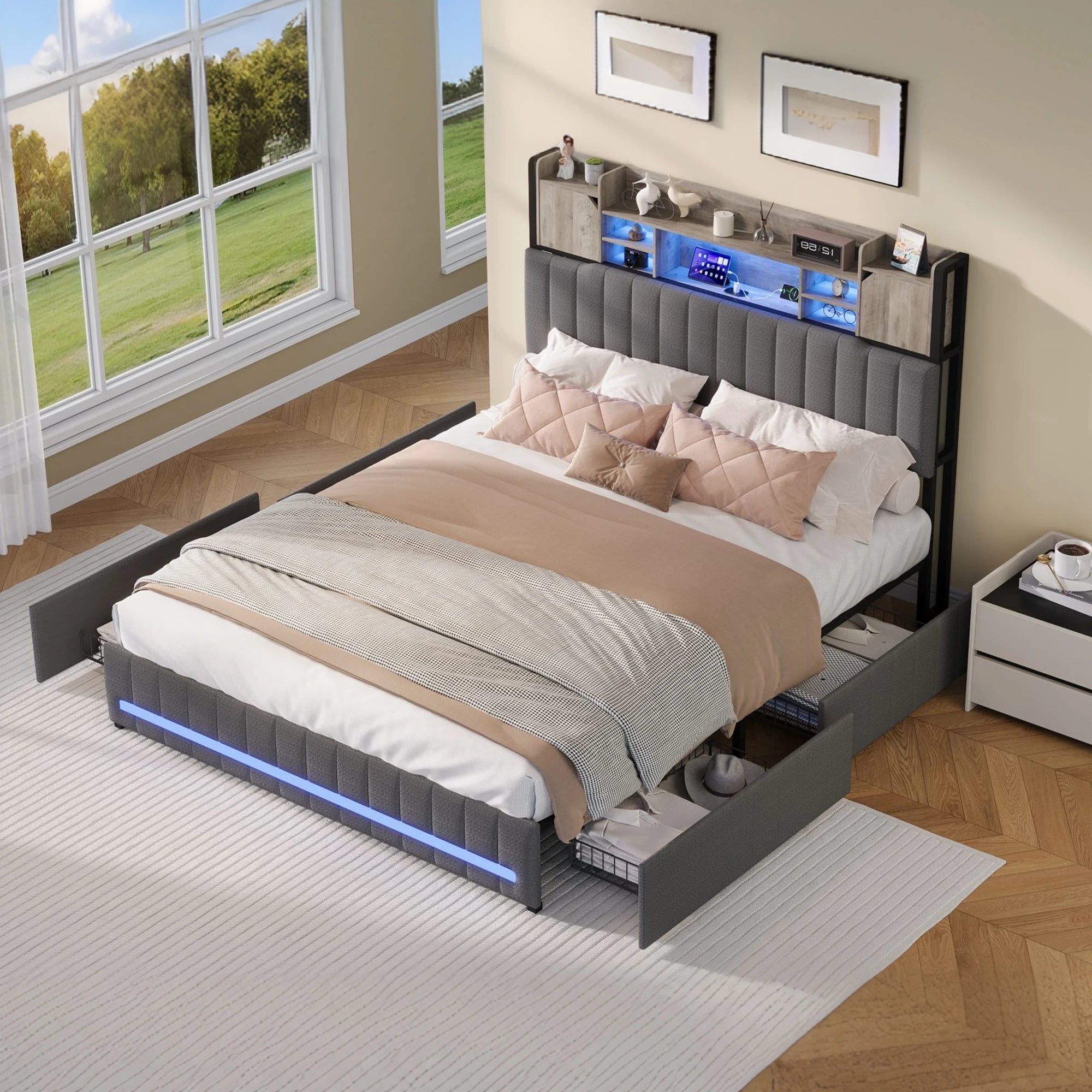 Platform Bed 140x200 – Storage Headboard & 4 Drawers