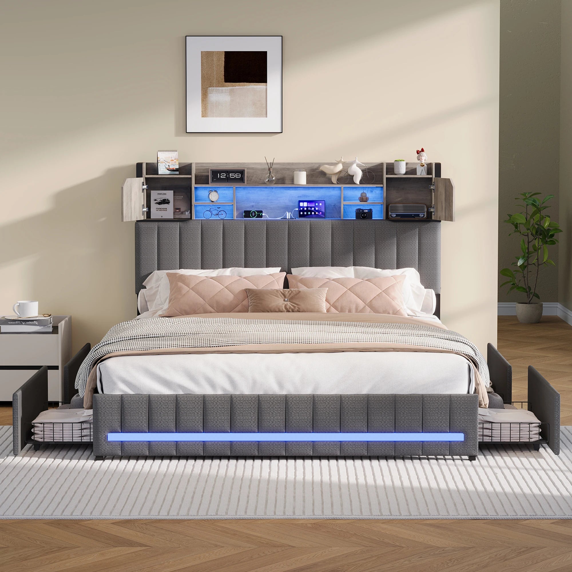 Platform Bed 140x200 – Storage Headboard & 4 Drawers