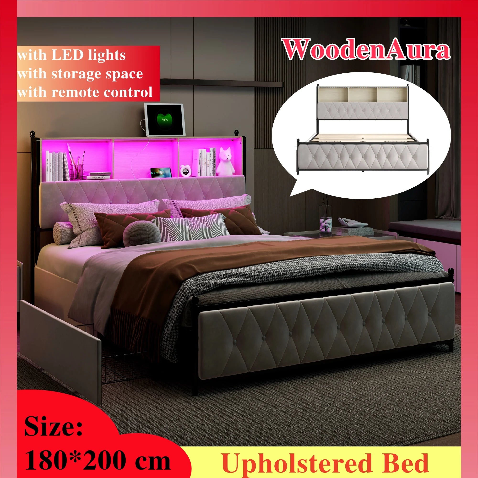 Double Bed 180x200 – 4 Drawers & Storage Headboard