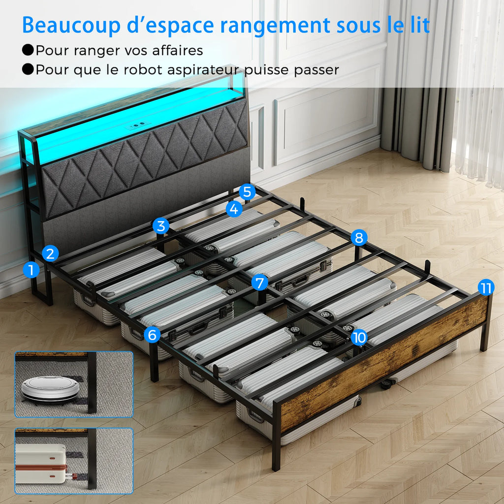 Metal Bed 140x190cm – LED Lamp & Charging Socket, Ships from France