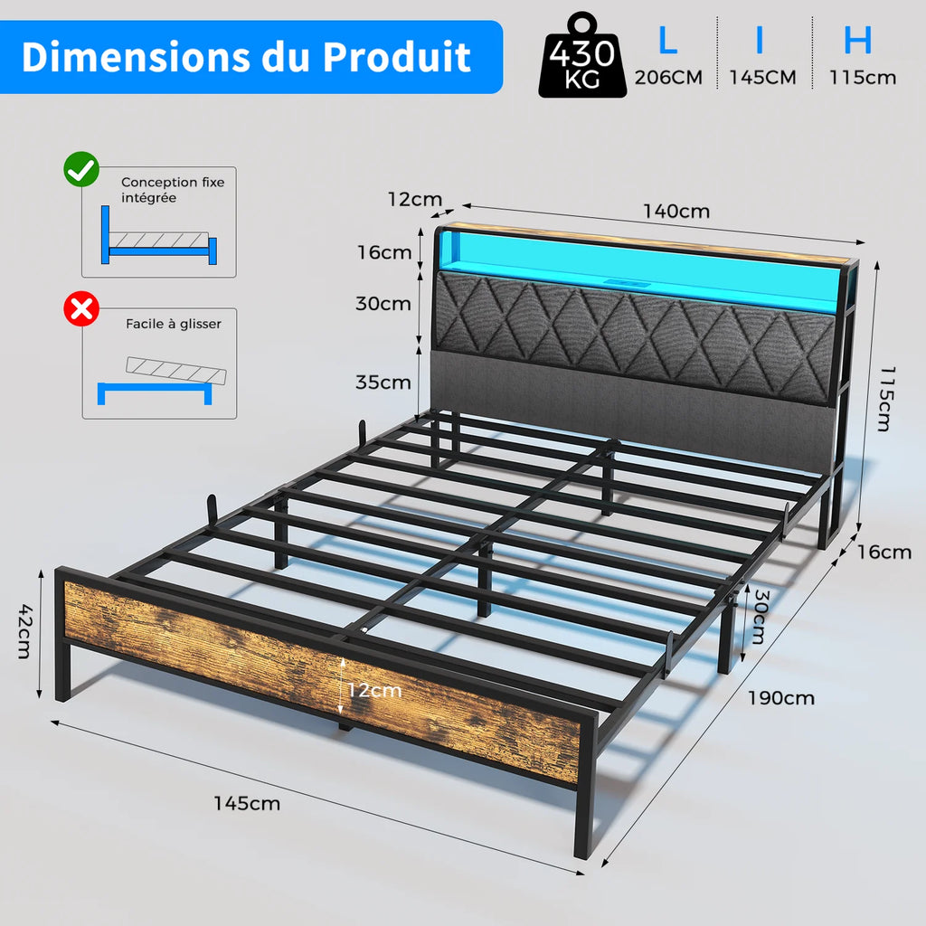 Metal Bed 140x190cm – LED Lamp & Charging Socket, Ships from France