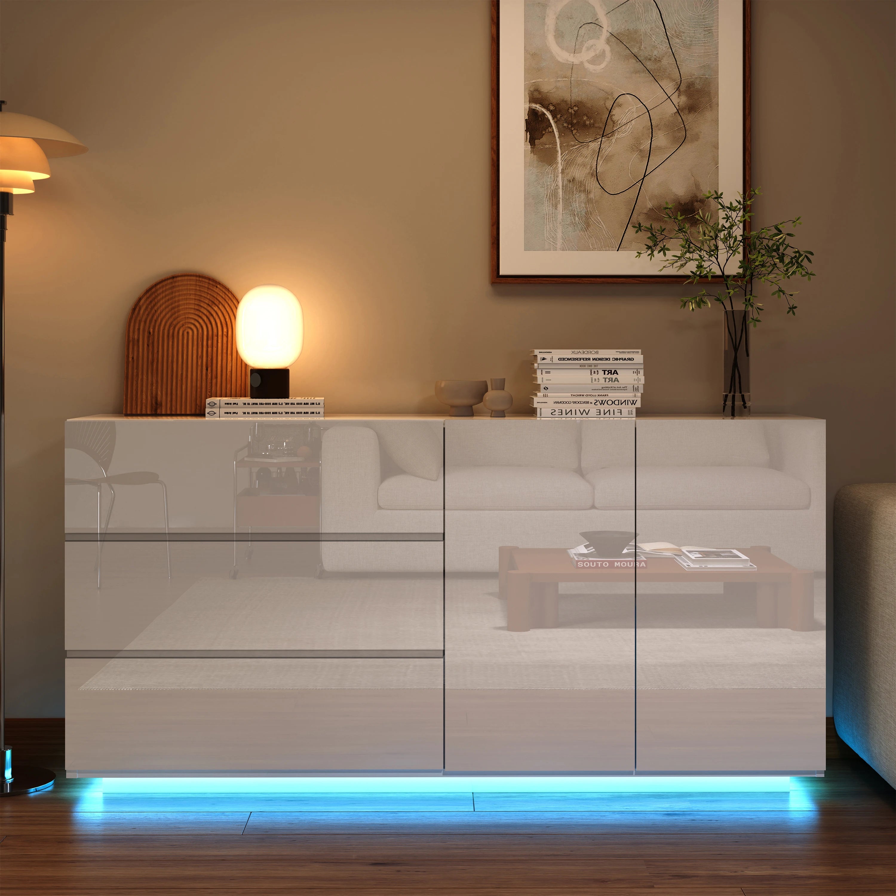 GLOSS MASTER - 160cm High-Gloss Sideboard Cabinet - 2 Doors, 3 Drawers, Push-to-Open
