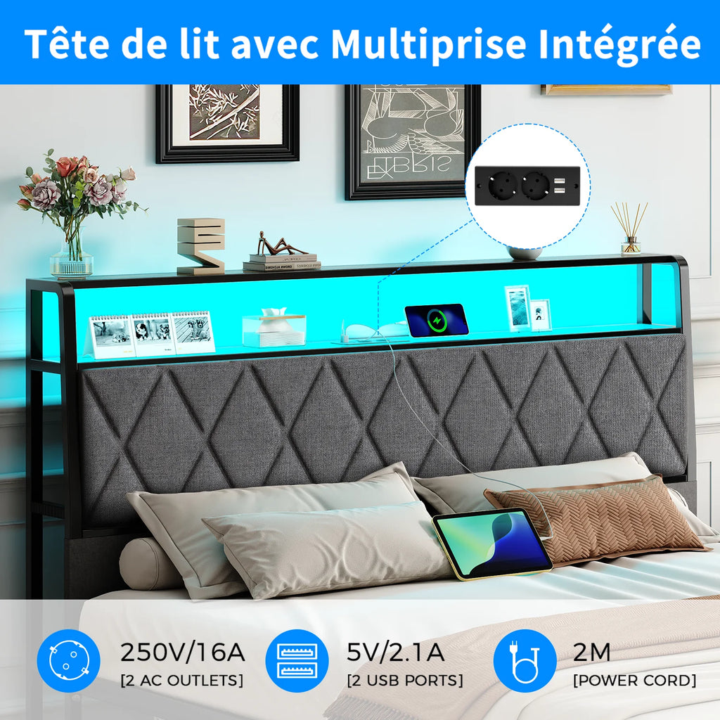 Metal Bed 140x190cm – LED Lamp & Charging Socket, Ships from France