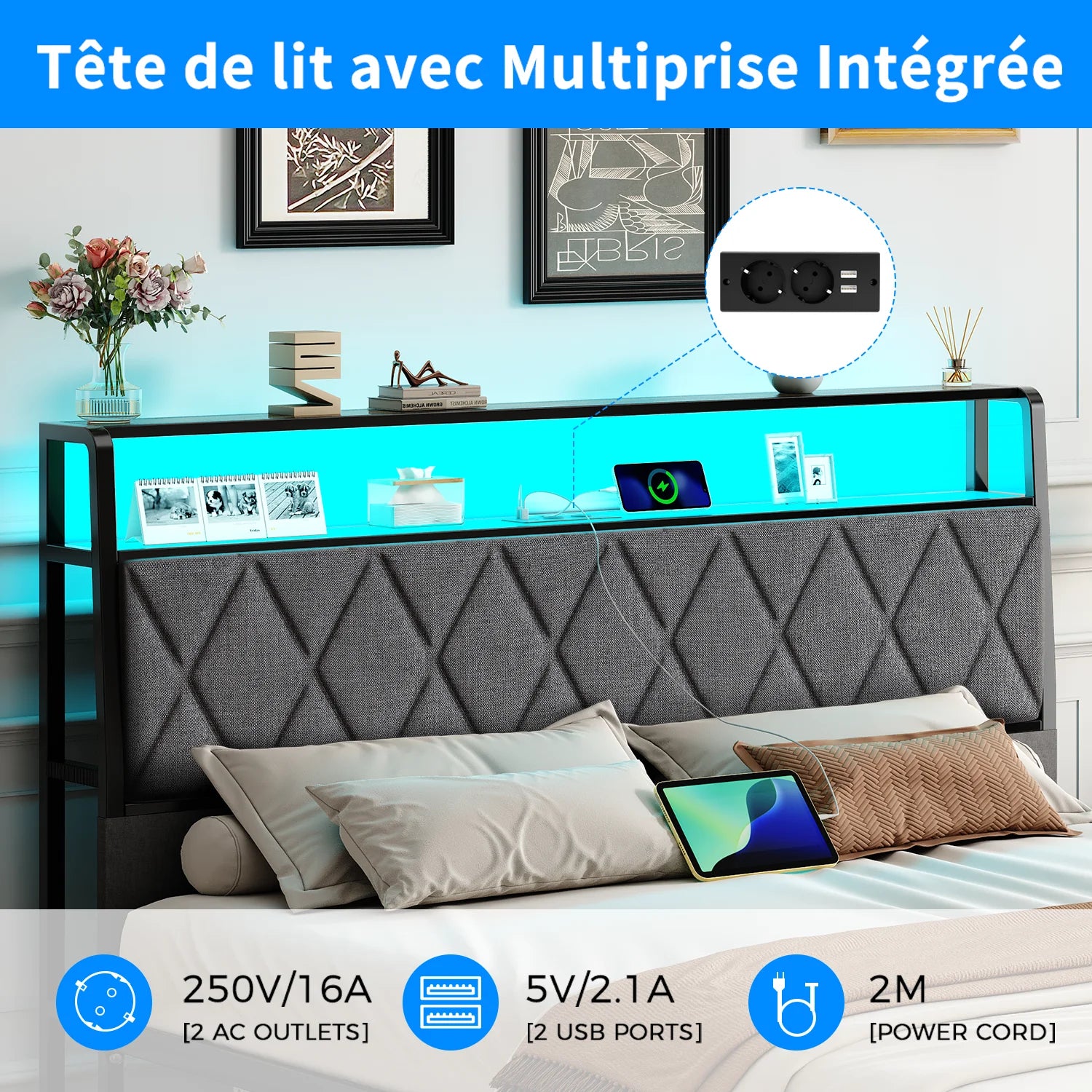 Metal Bed 140x190cm – LED Lamp & Charging Socket, Ships from France