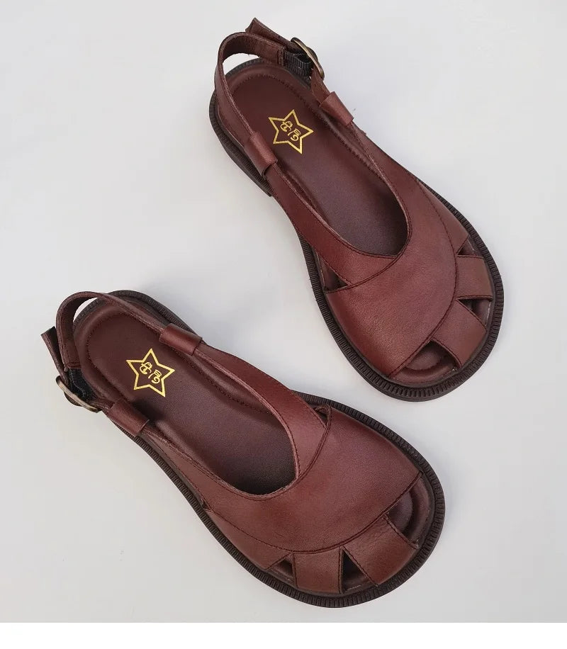 Careaymade-Genuine Leather wide toe big size sandals women's shoes original Handmade single breathable soft sole casual sandals