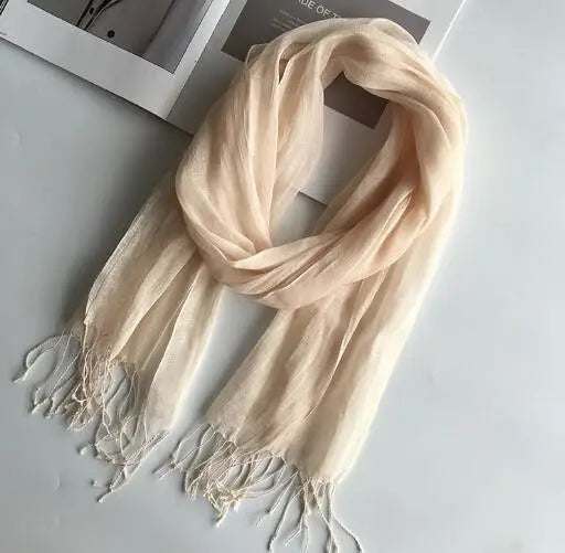 55*180cm Fashion Soft Solid Women's 100% Linen Flax Tassel Scarf Summer Travel Sunscreen Long Shawl Elegant Hijab Women's Foulard